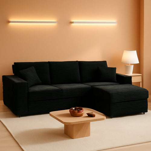 108 Inch Corduroy Left Facing Sectional Sofa Charcoal ShipItFurniture
