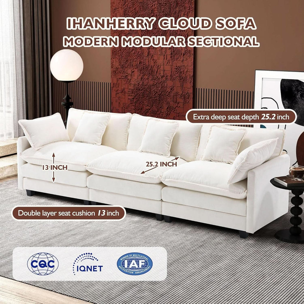 111.4 Inch 3 Seater Cloud Sofa Modular Sectional Couch Beige With Breathable Chenille Fabric ShipItFurniture