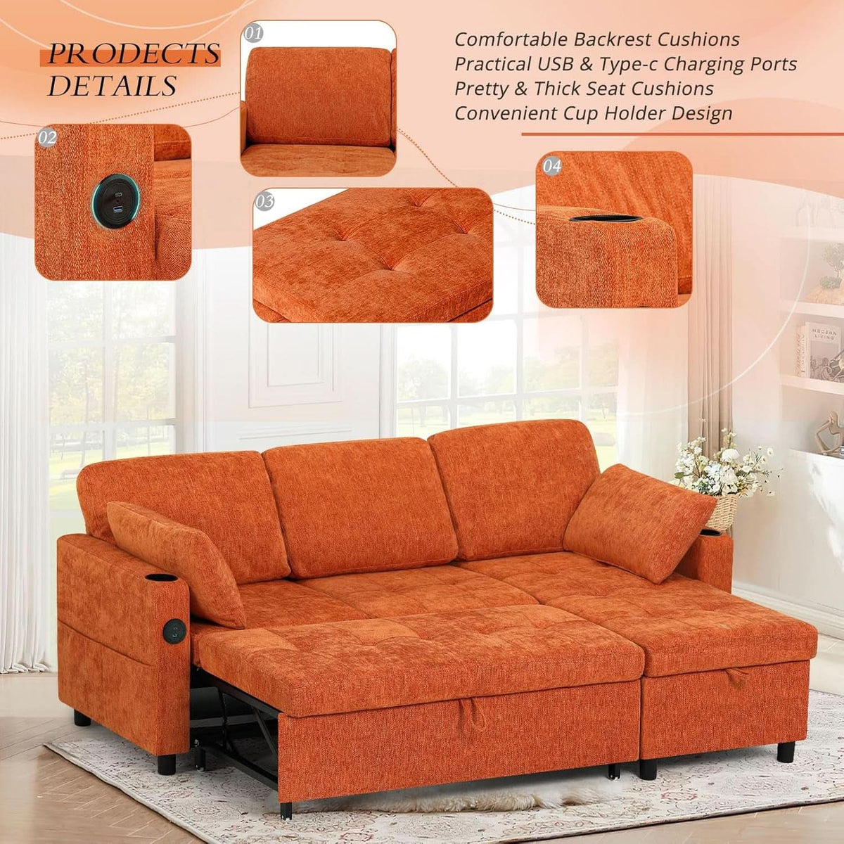 84Inches BrightOrange Chenille Pullout Sofa Bed USBPort ShipItFurniture