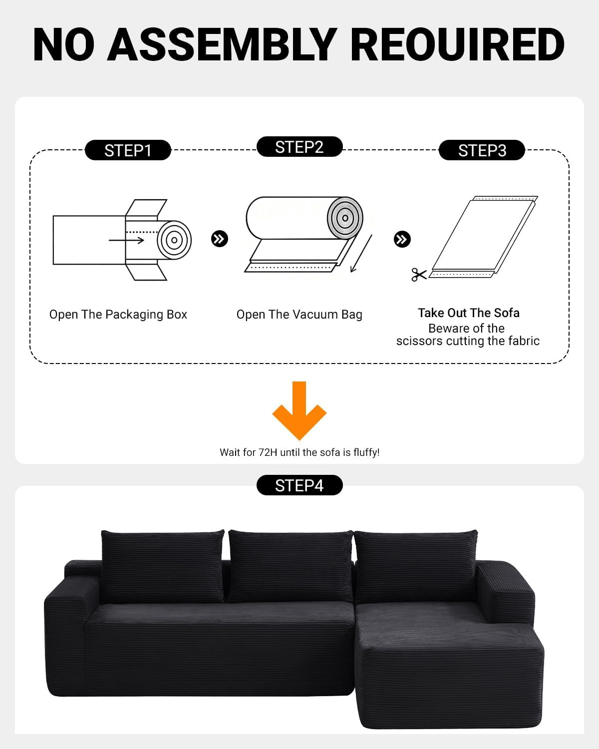 96 Inch Cloud Contemporary Sectional Sofa Charcoal ShipItFurniture