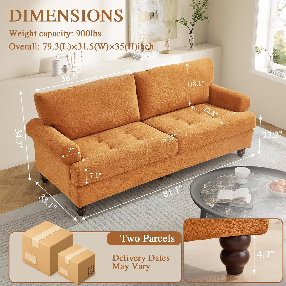 81-Inch Ginger Sofa Modern Upholstered Living Room ShipItFurniture