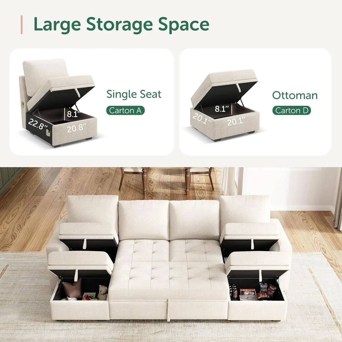 Beige Modular Sleeper Sectional Couch With Storage ShipItFurniture