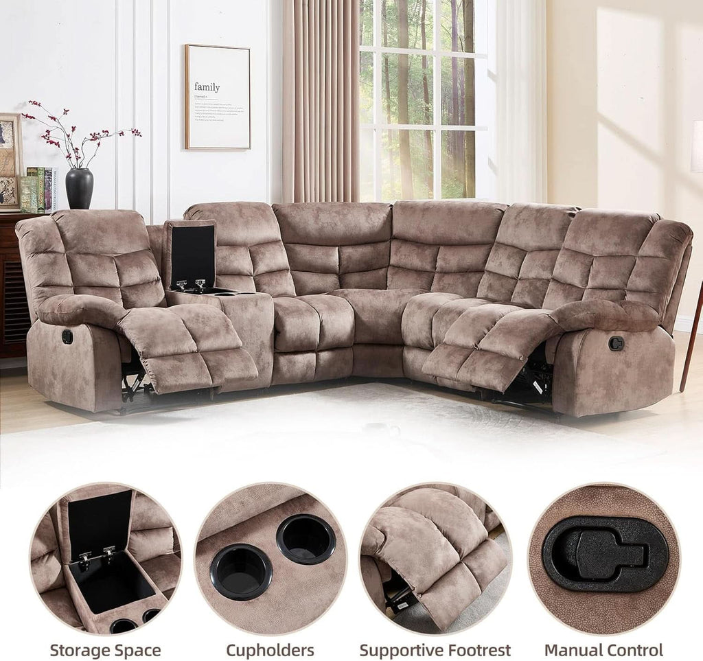 Brown Manual Reclining Sectional Sofa With Cup Holders ShipItFurniture