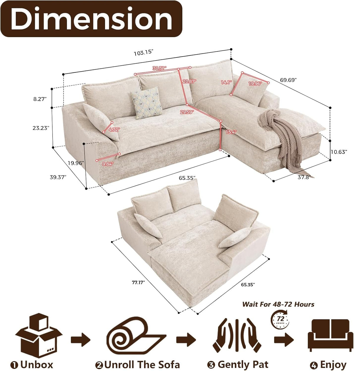 Beige 103Inch Boneless Cloudlike Modular Sectional Sofa ShipItFurniture