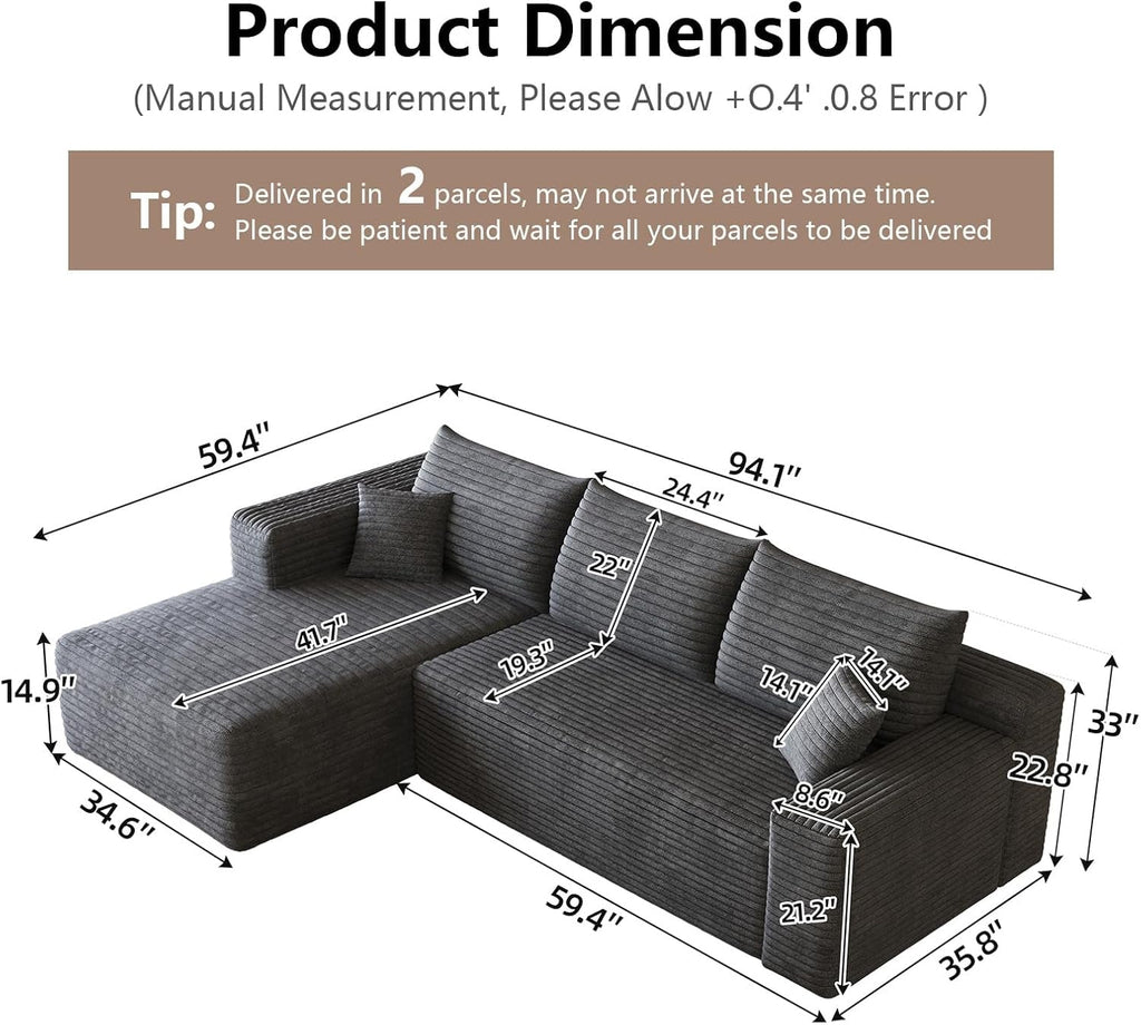 Grey Ninety FiveInch Upholstered Corduroy Sleeper Sofa ShipItFurniture