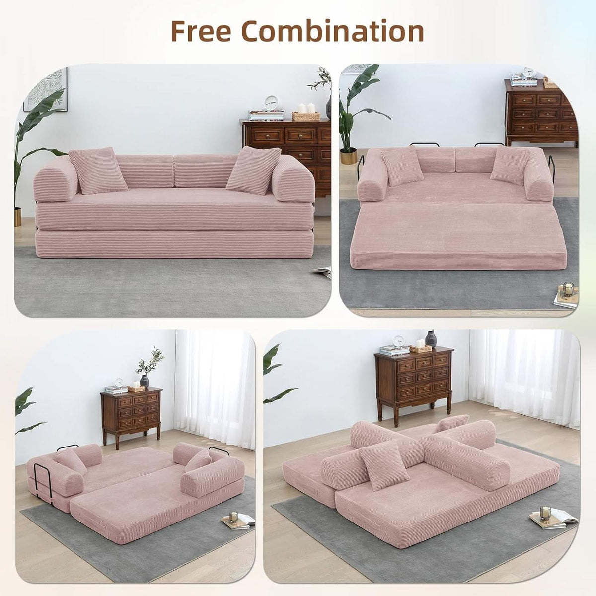 Transformable Sofa Bed QueenSize Pink Folding Frame ShipItFurniture