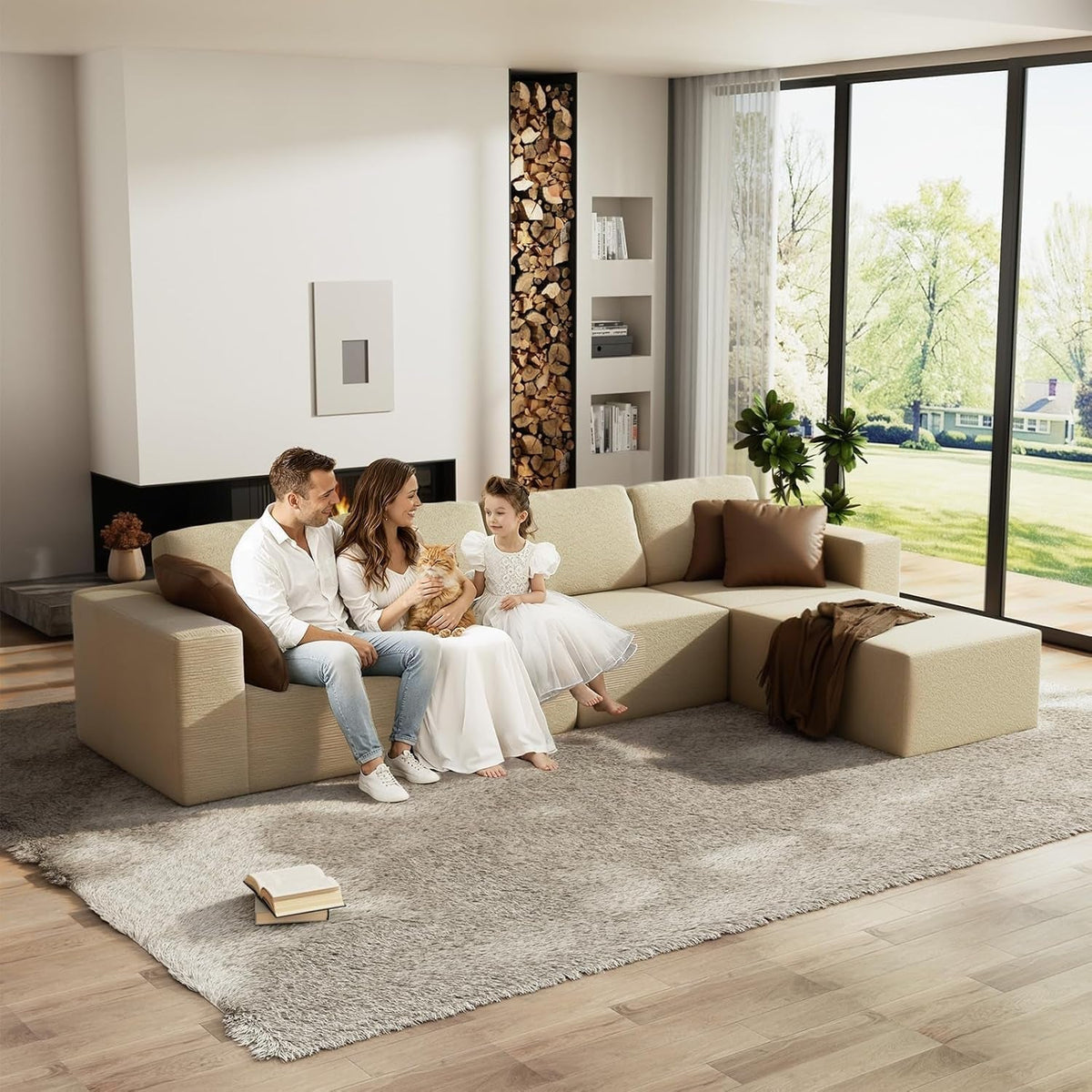 136Inch Modular L Shaped Sectional Sofa BeigeBoucle ShipItFurniture
