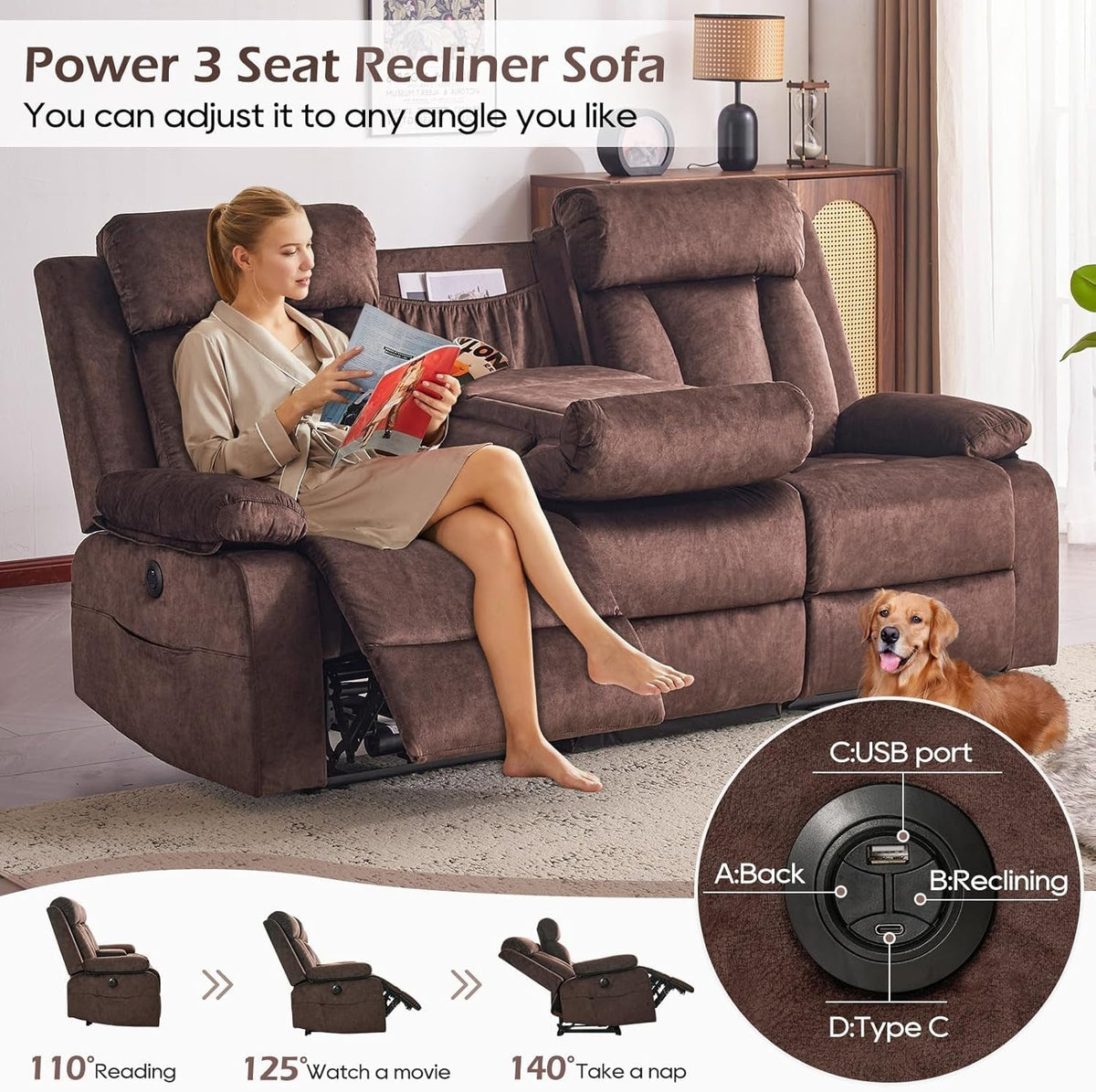 Power Reclining Sofa With Therapeutic Massage Heat ShipItFurniture