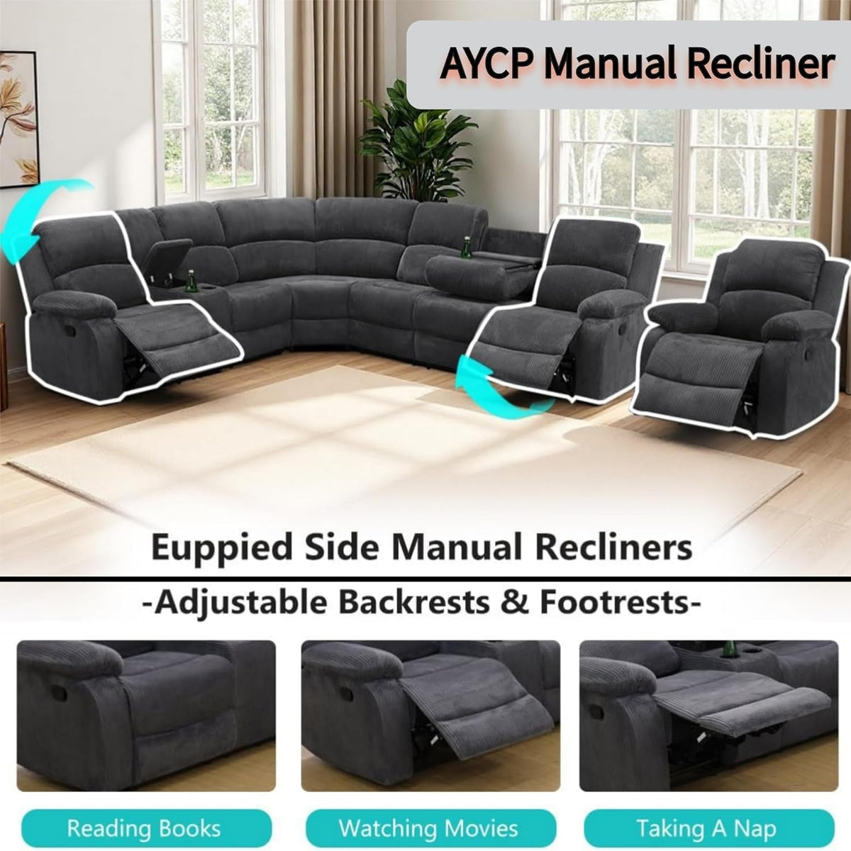 Midnight Grey Corduroy Manual Recliner Sectional Sofa ShipItFurniture