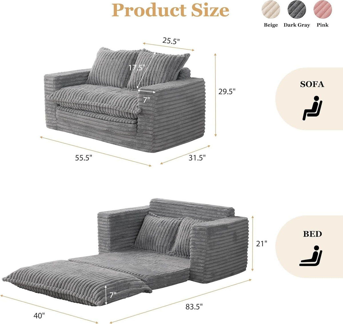 Dark Grey Interconvertible Sleeper Sofa Bed Cushions ShipItFurniture