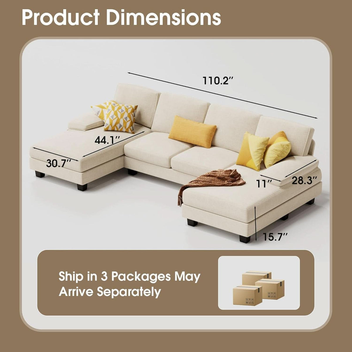 White Linen Sectional Sofa U Shaped 4 Seat Chaise Couch ShipItFurniture