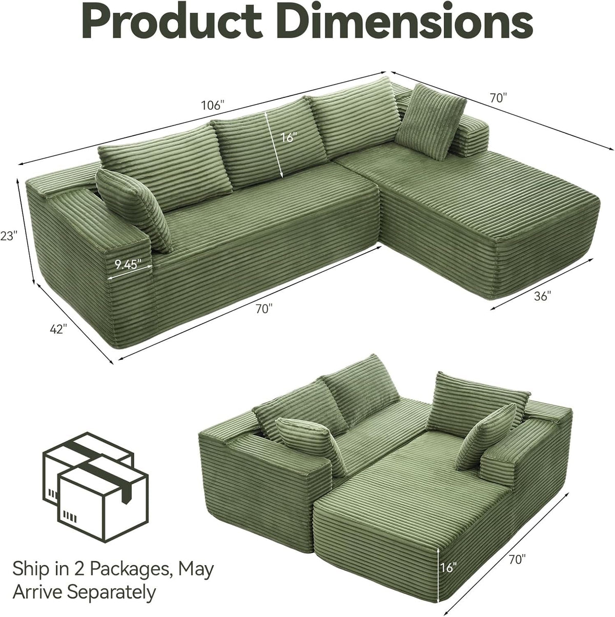 106 Inch Emerald Corduroy Luxurious Sectional Sofa ShipItFurniture