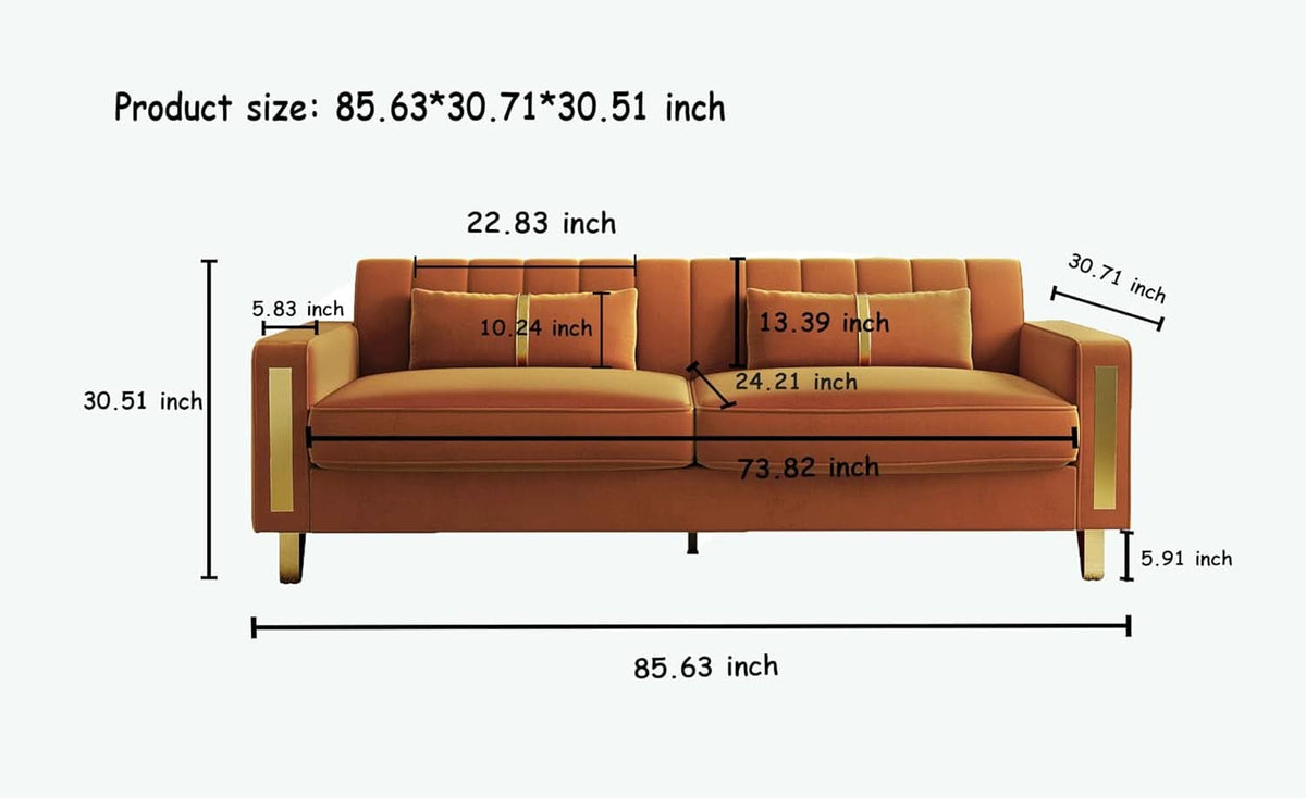 2 Piece Orange Velvet Loveseat Couch Set With Gold Metal Legs 86 Inch Living Room Sofa With 4 Pillows ShipItFurniture