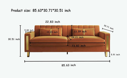 2 Piece Orange Velvet Loveseat Couch Set With Gold Metal Legs 86 Inch Living Room Sofa With 4 Pillows ShipItFurniture