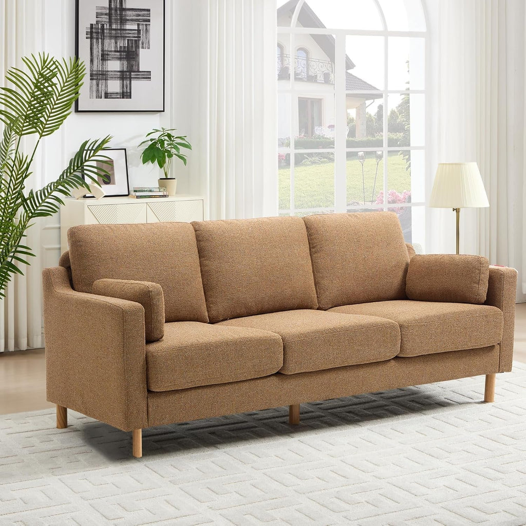 Ginger Linen Fabric 83.5 Inches Deep Seat Upholstered Sofa ShipItFurniture