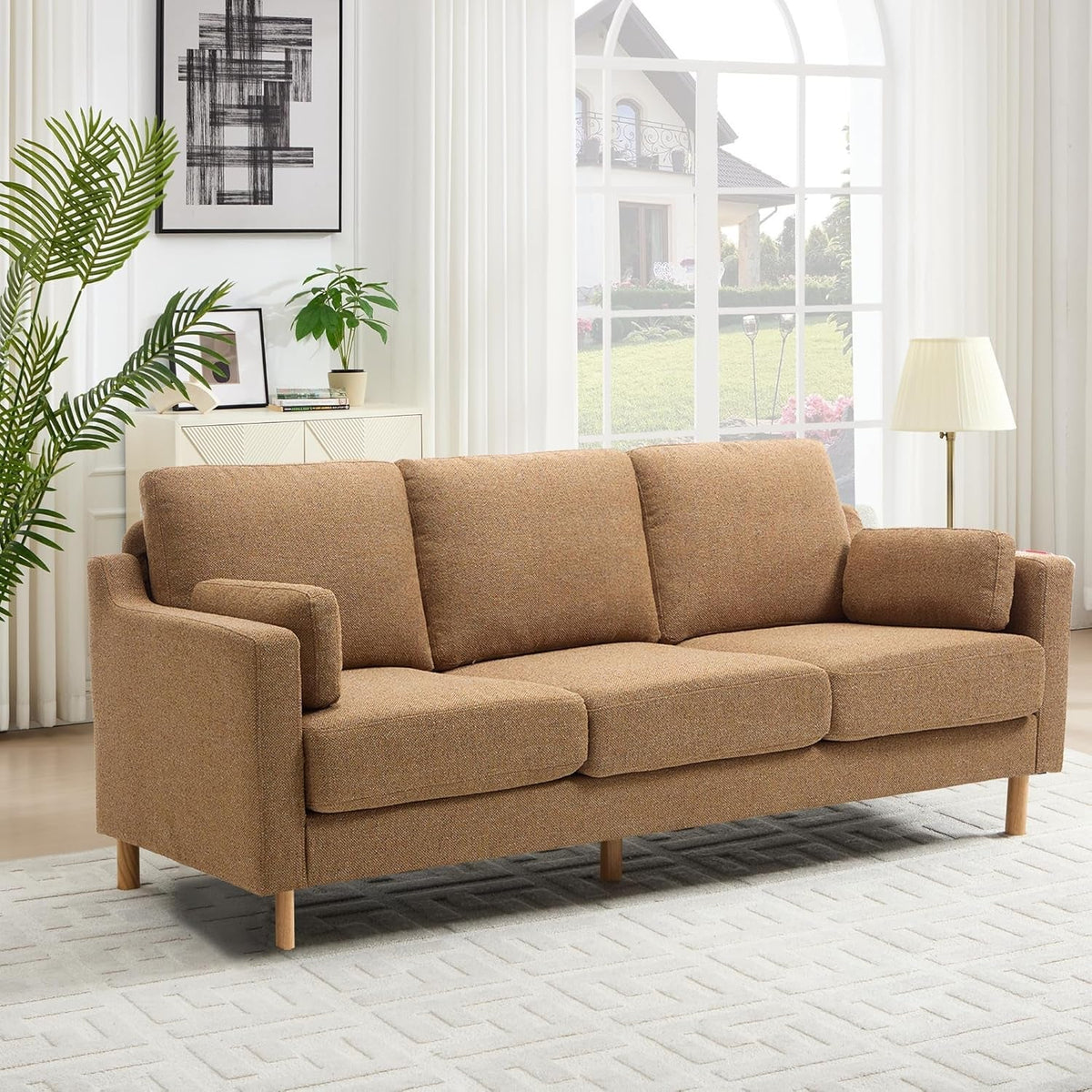 Ginger Linen Fabric 83.5 Inches Deep Seat Upholstered Sofa ShipItFurniture