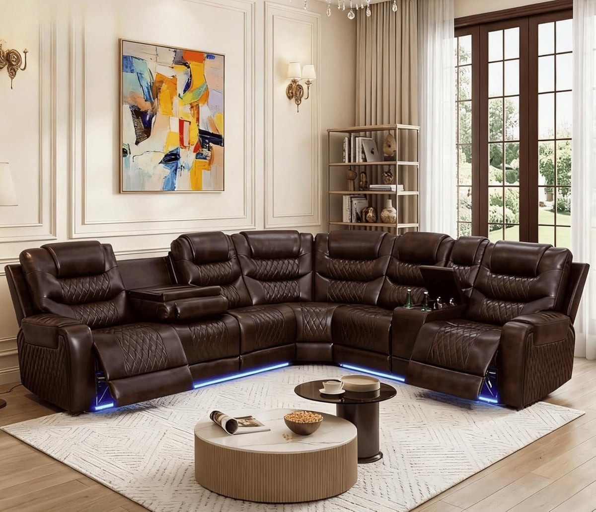 Motorized Recliner Sectional Sofa LED Lighting Brown ShipItFurniture