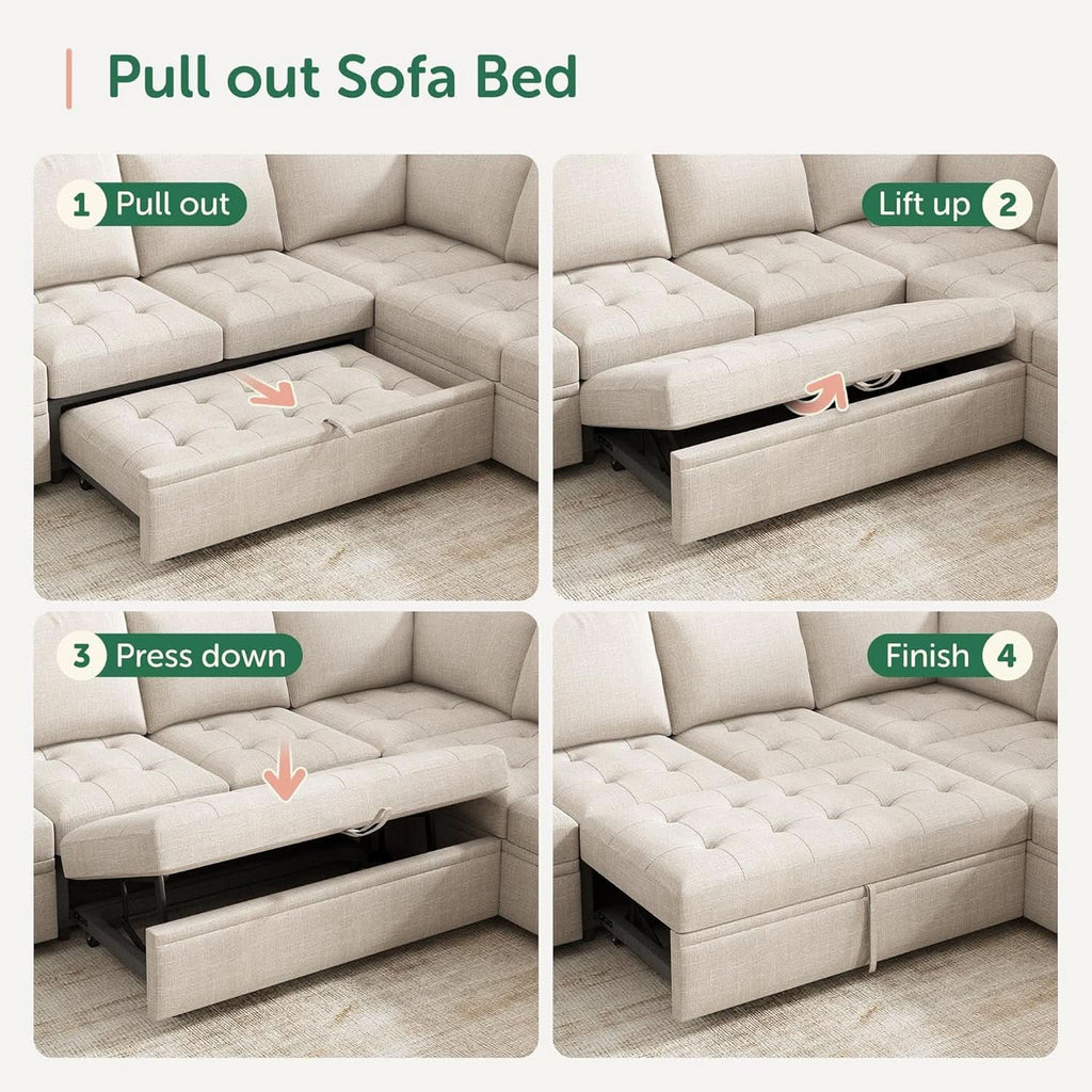 Beige Modular Sleeper Sectional Sofa With StorageBin ShipItFurniture