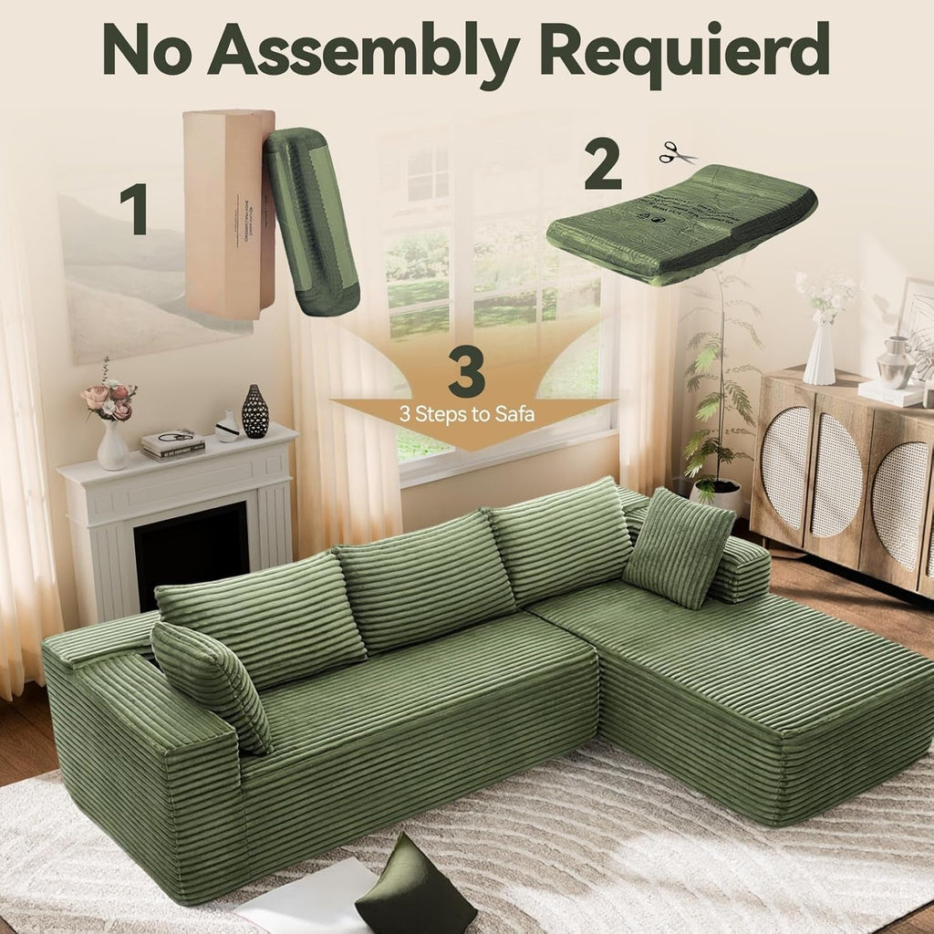 106 Inch Emerald Corduroy Luxurious Sectional Sofa ShipItFurniture