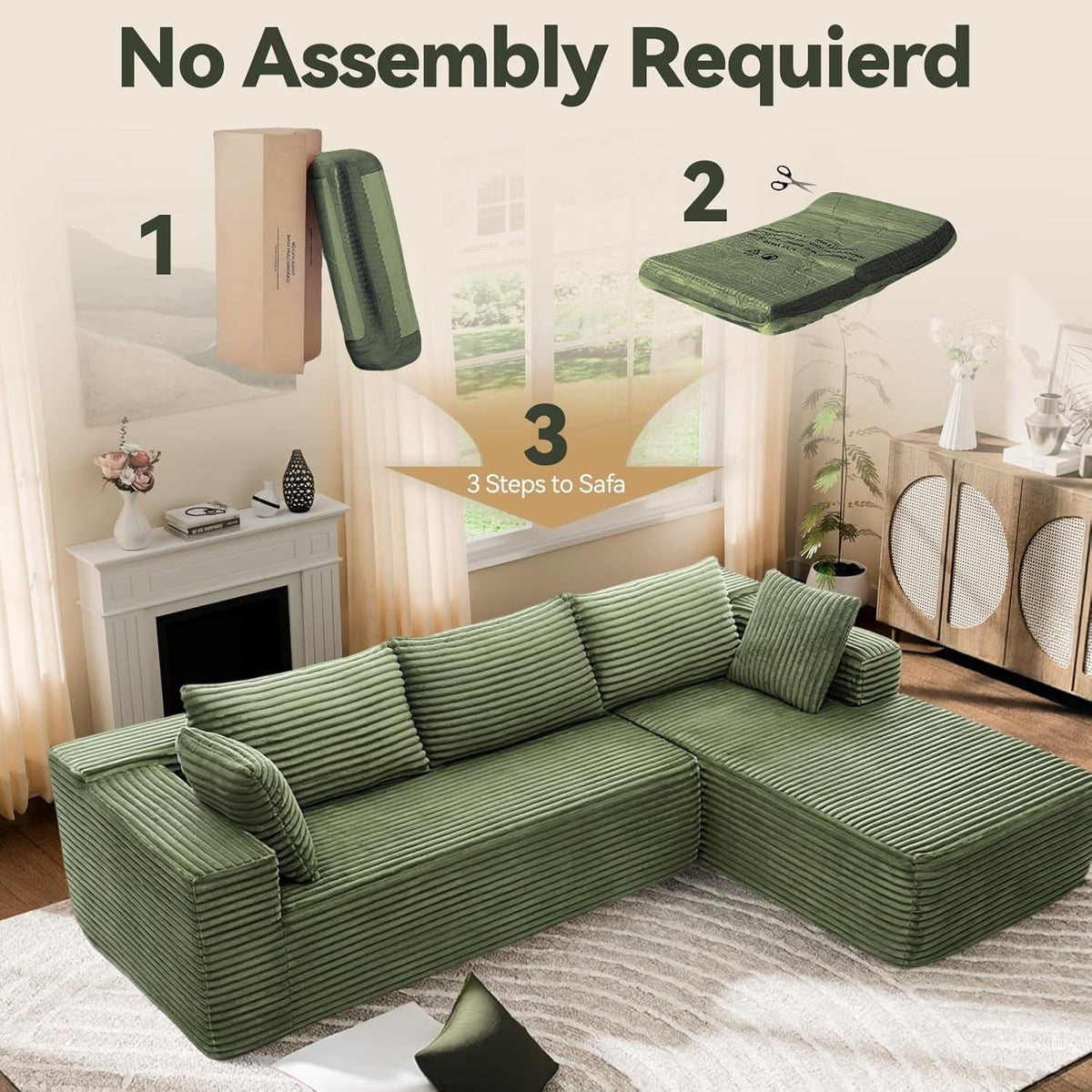 106 Inch Emerald Corduroy Luxurious Sectional Sofa ShipItFurniture