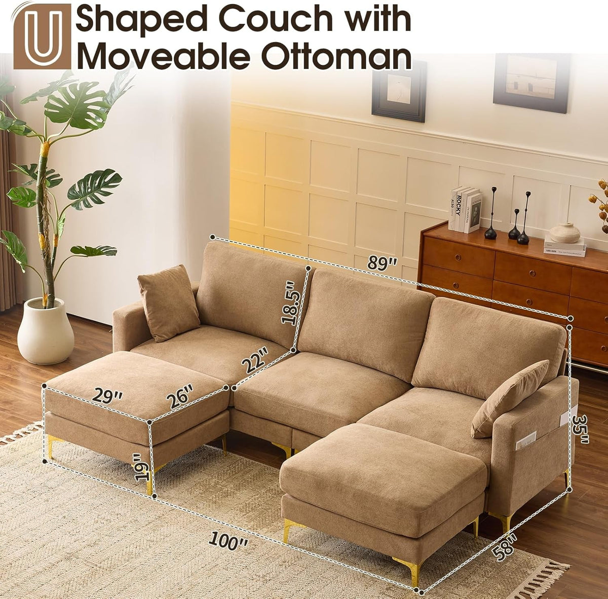 Khaki One Hundred Inch U Shaped Chenille Luxurious Couch ShipItFurniture