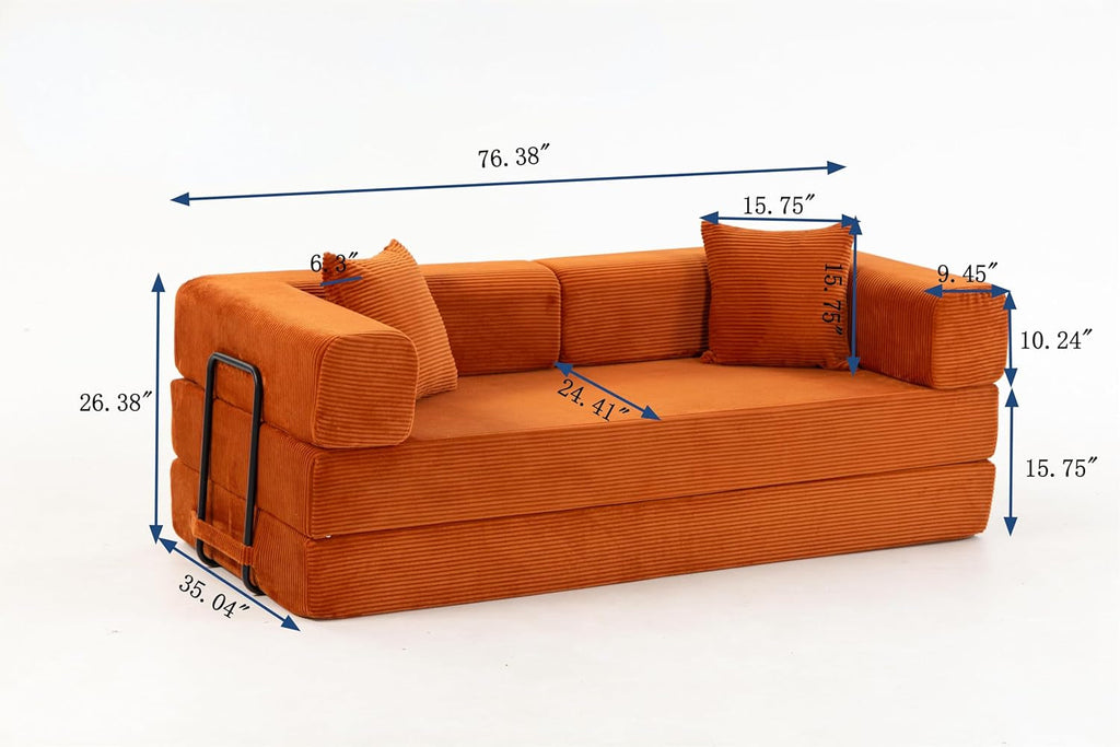 76 Inch Corduroy Premium Futon Sofa Bed For Small Spaces Orange ShipItFurniture