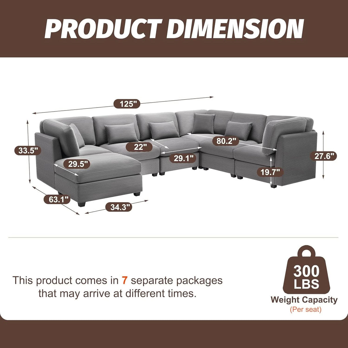 125Inch Oversized Corduroy Cloud Sleeper Grey Sofa ShipItFurniture