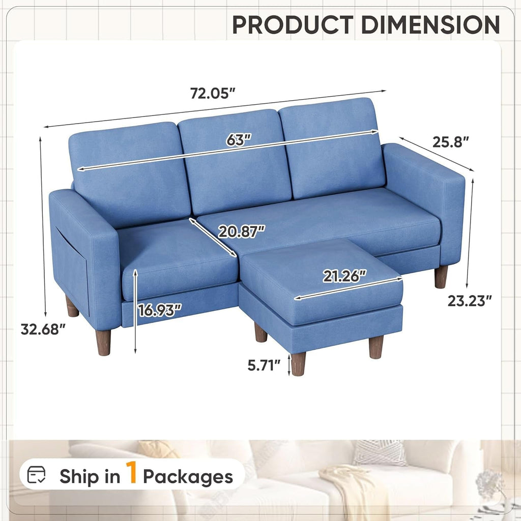 Blue Upholstered L Shaped Movable Sectional Couch Ottoman ShipItFurniture