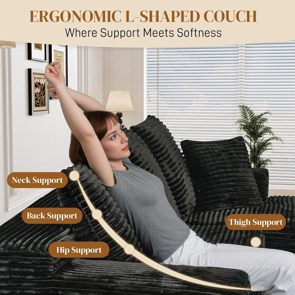 108 Inch Corduroy Left Facing Sectional Sofa Charcoal ShipItFurniture