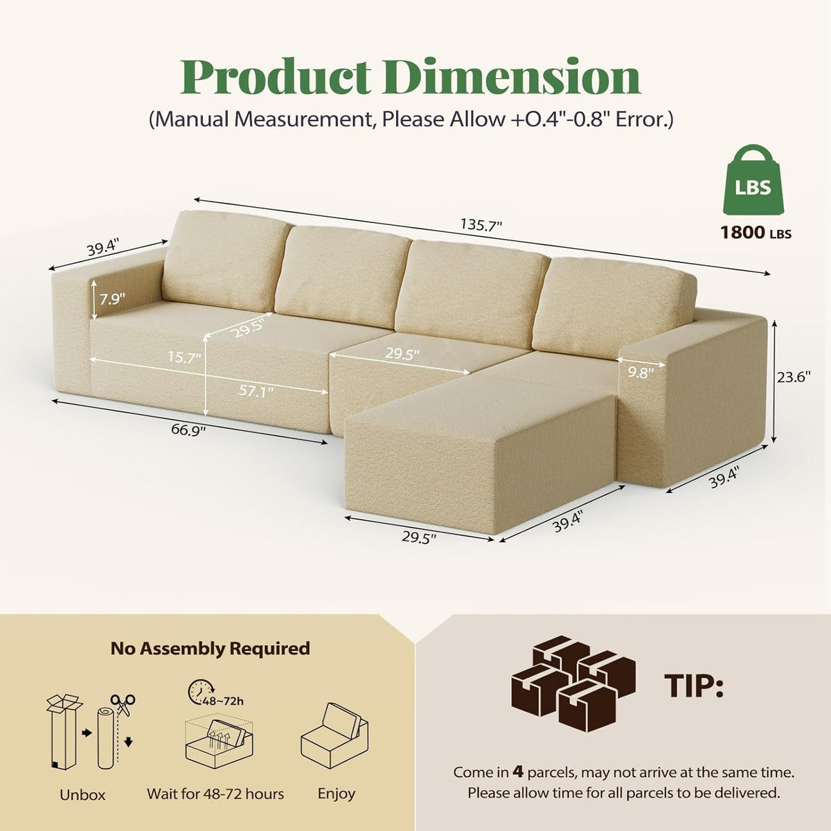 136Inch Modular L Shaped Sectional Sofa BeigeBoucle ShipItFurniture
