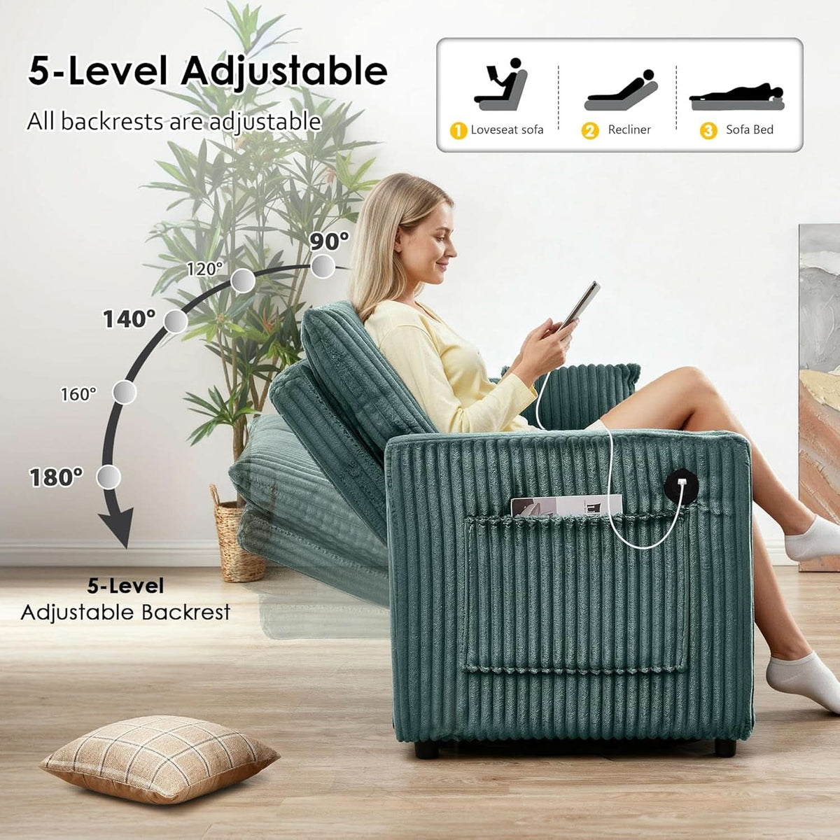 65Inch Sleeper Sofa Bed CorduroyFabric Emerald Green ShipItFurniture