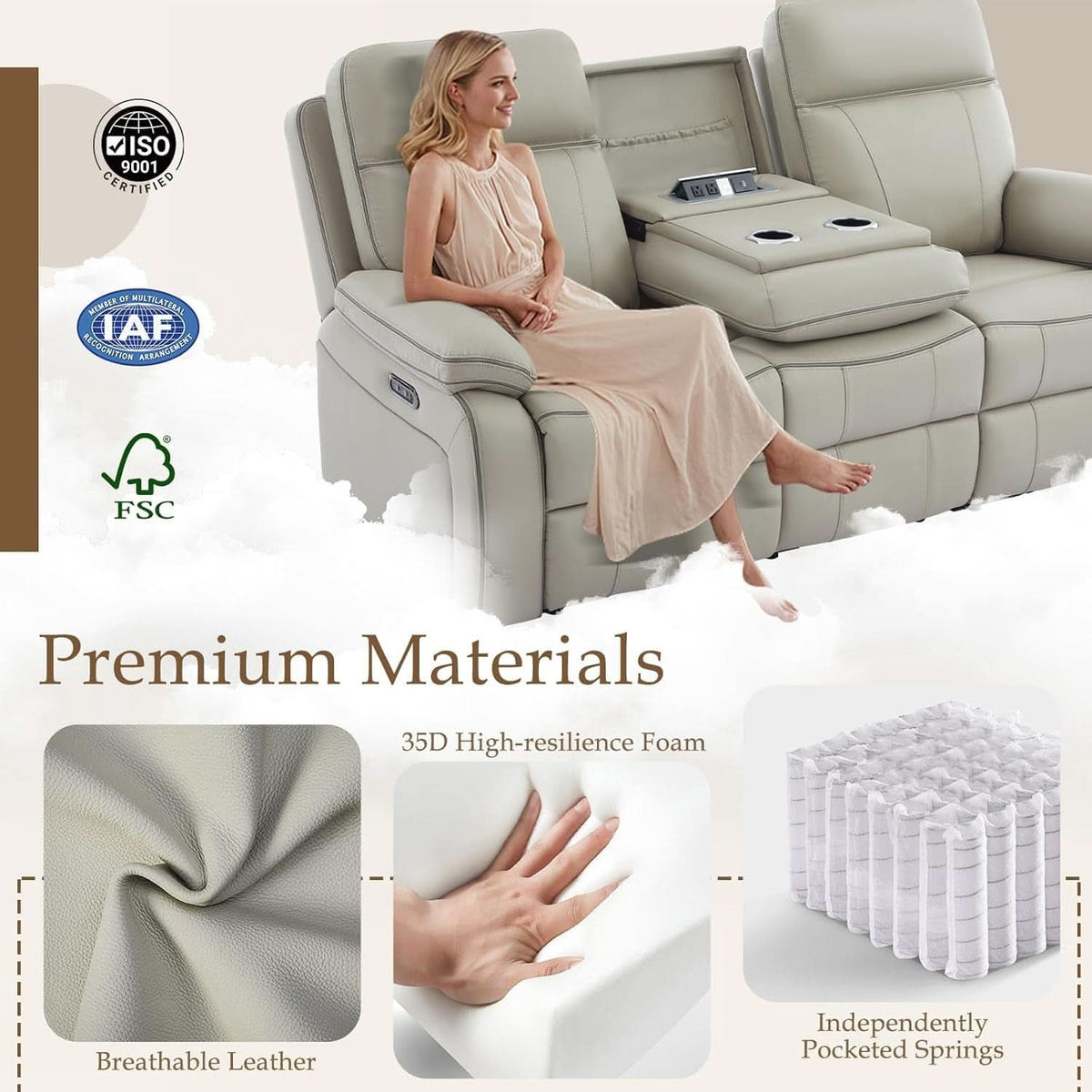 Grey Power Reclining Sofa With Fold Down Table Usb Type C ShipItFurniture