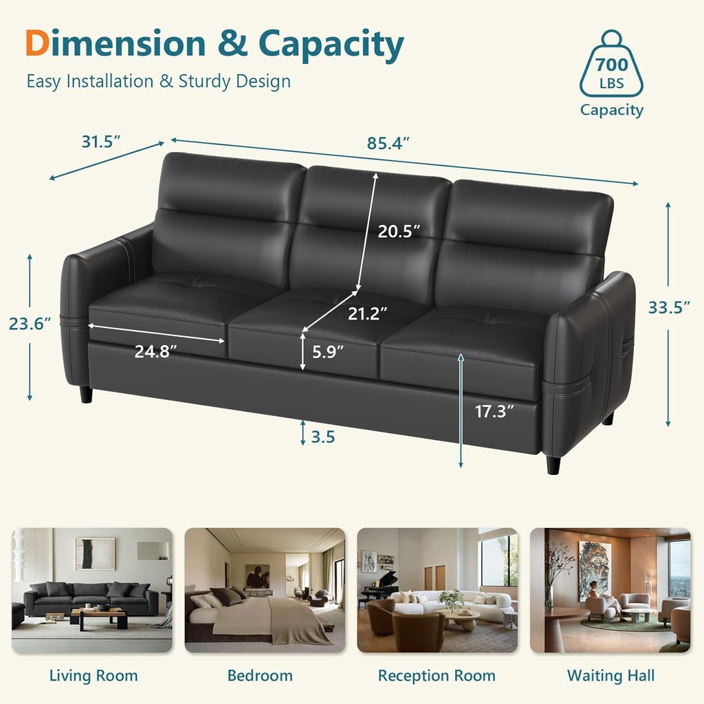 85Inch Black Faux Leather Executive Sofa USB Charging Ports ShipItFurniture