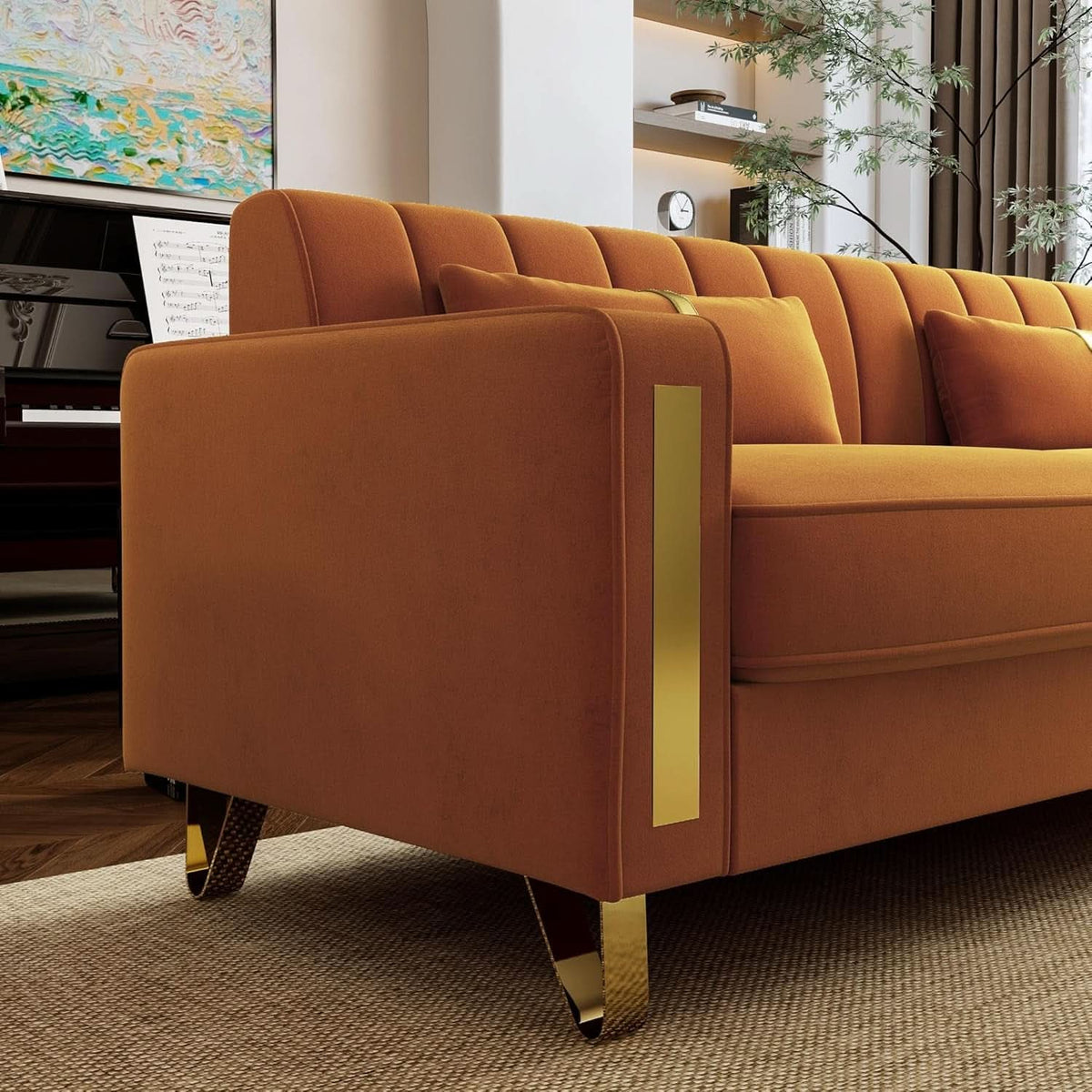2 Piece Orange Velvet Loveseat Couch Set With Gold Metal Legs 86 Inch Living Room Sofa With 4 Pillows ShipItFurniture