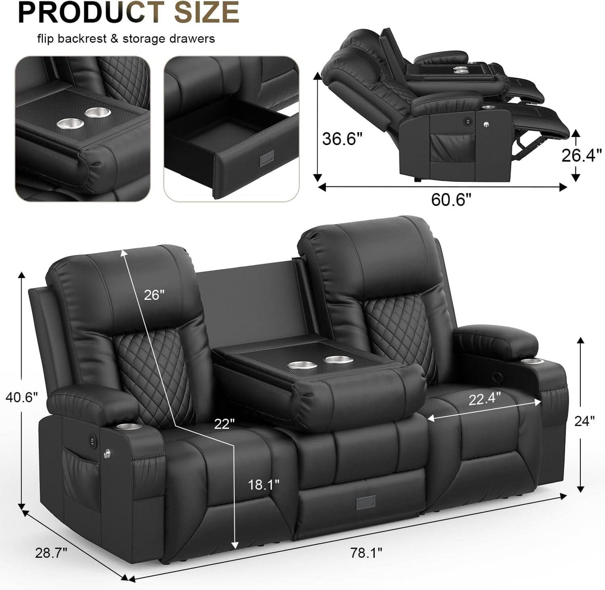 Three Seat Recliner Sofa With Flip Backrest And USB Ports ShipItFurniture