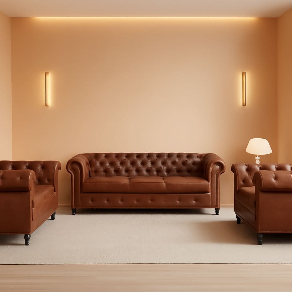 3 Piece Chesterfield Leather Sofa Set With Rolled Arms And Nailhead Trim Modern Brown Living Room Set ShipItFurniture