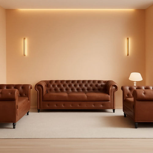 3 Piece Chesterfield Leather Sofa Set With Rolled Arms And Nailhead Trim Modern Brown Living Room Set ShipItFurniture