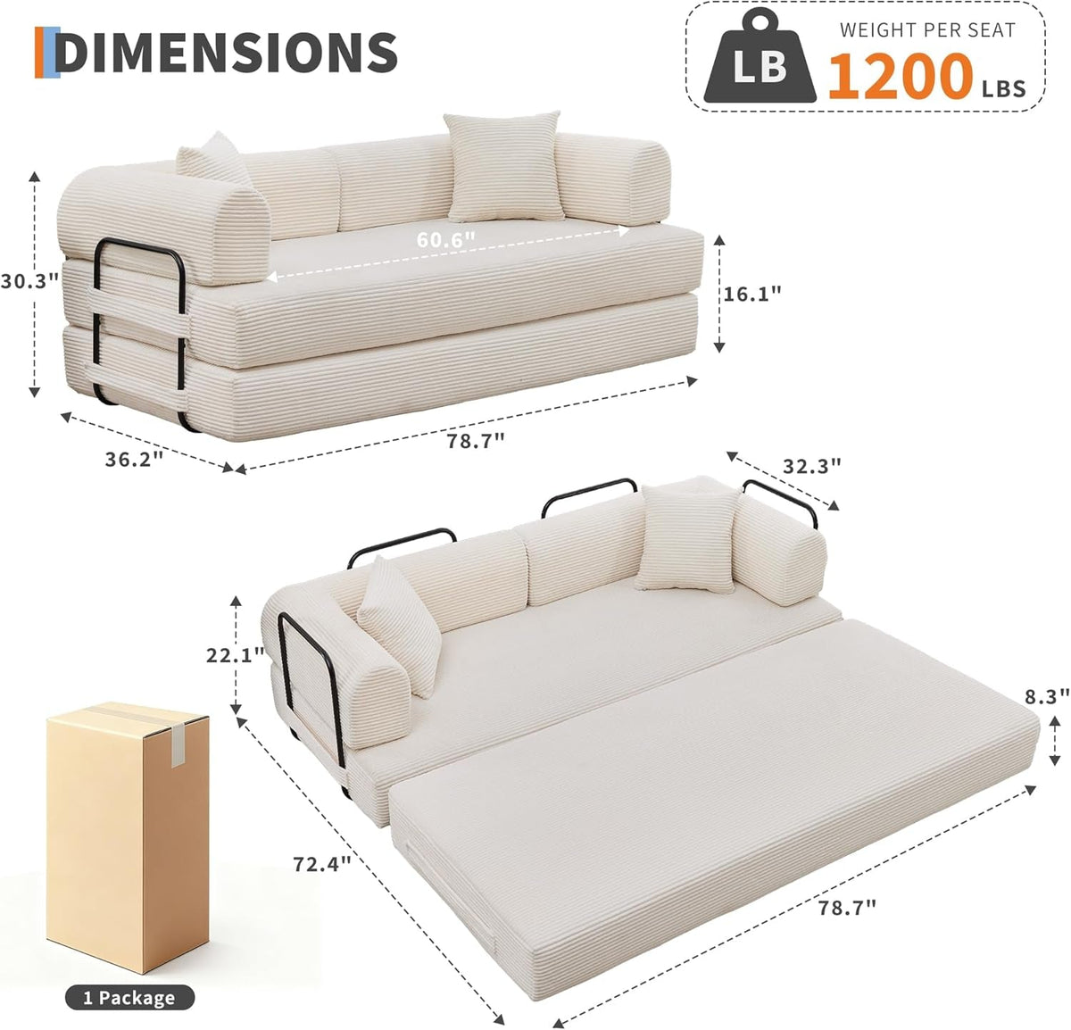 79 Inch Convertible Sofa Bed Beige Upholstery Comfort ShipItFurniture