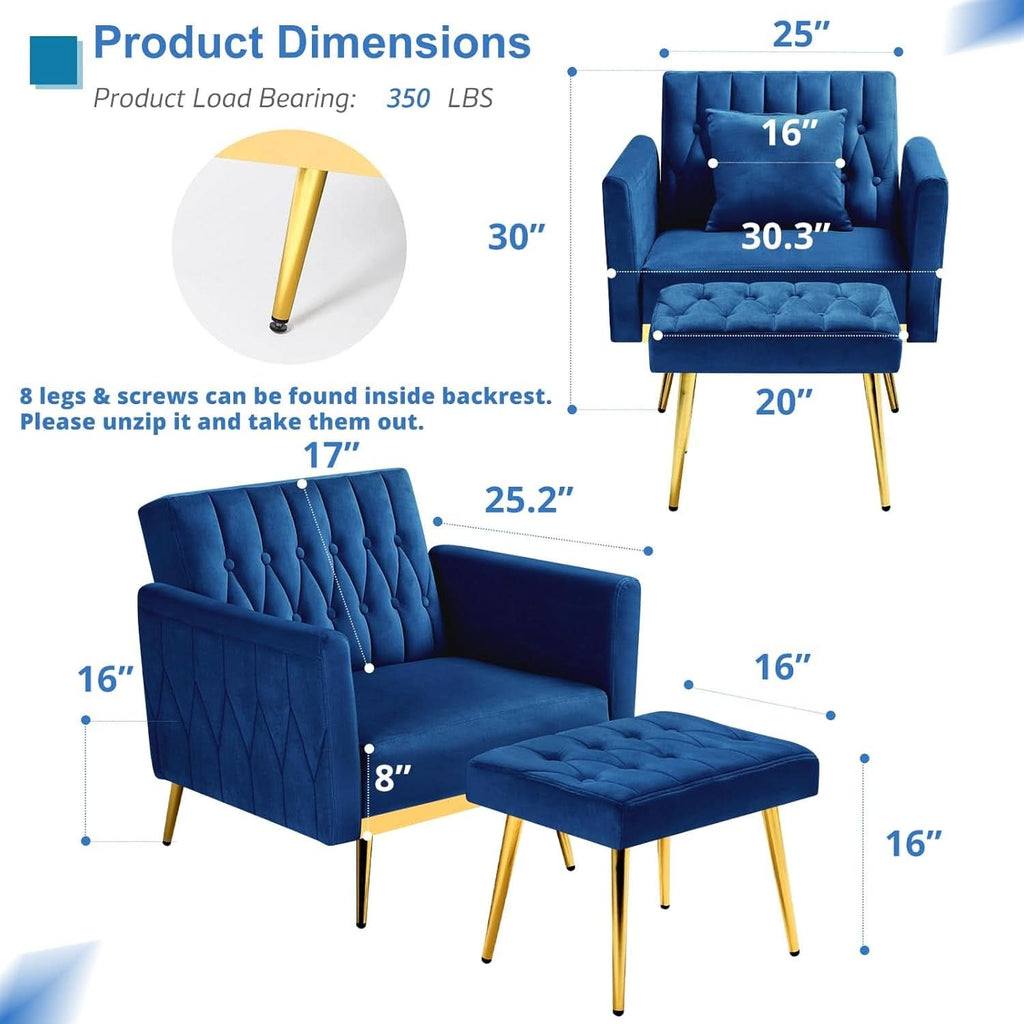 Velvet Futon Sofa Set Two Piece With Convertible Sofa Bed And Tufted Accent Chair In Blue ShipItFurniture