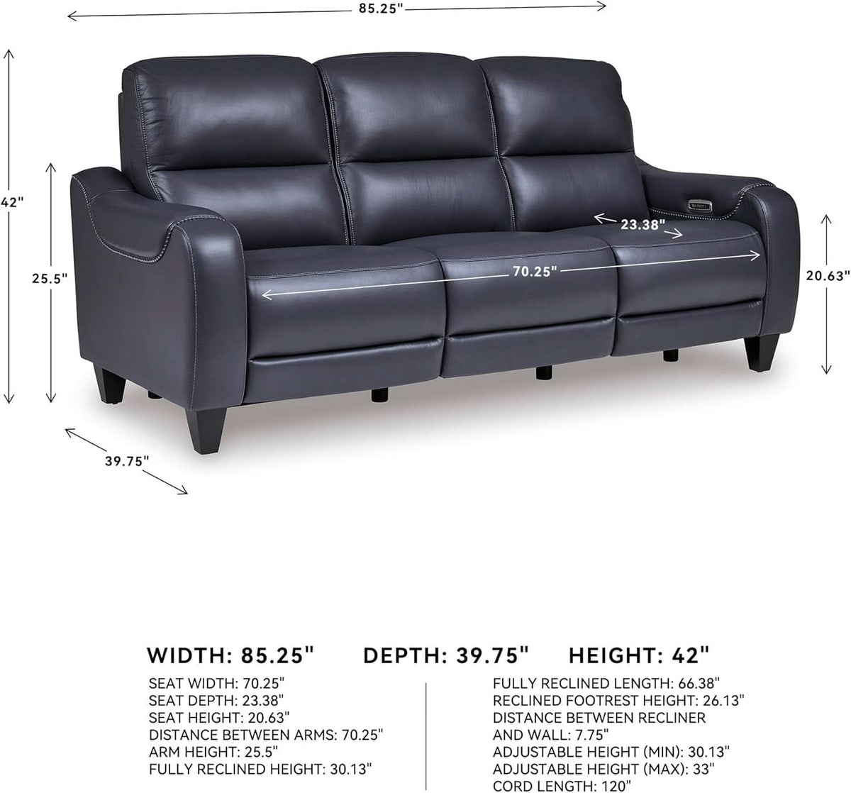 Cerulean Leather Wall Hugger Power Reclining Sofa ShipItFurniture