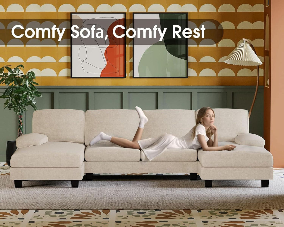 White Linen Sectional Sofa U Shaped 4 Seat Chaise Couch ShipItFurniture