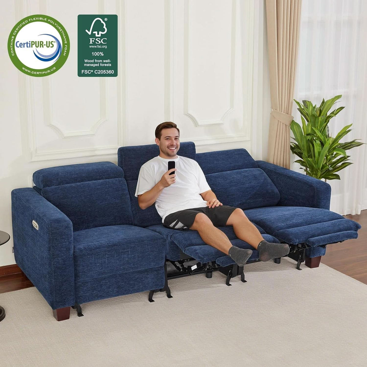 Navy Blue Zero Wall Hugger Power Reclining Sofa USB Ports ShipItFurniture