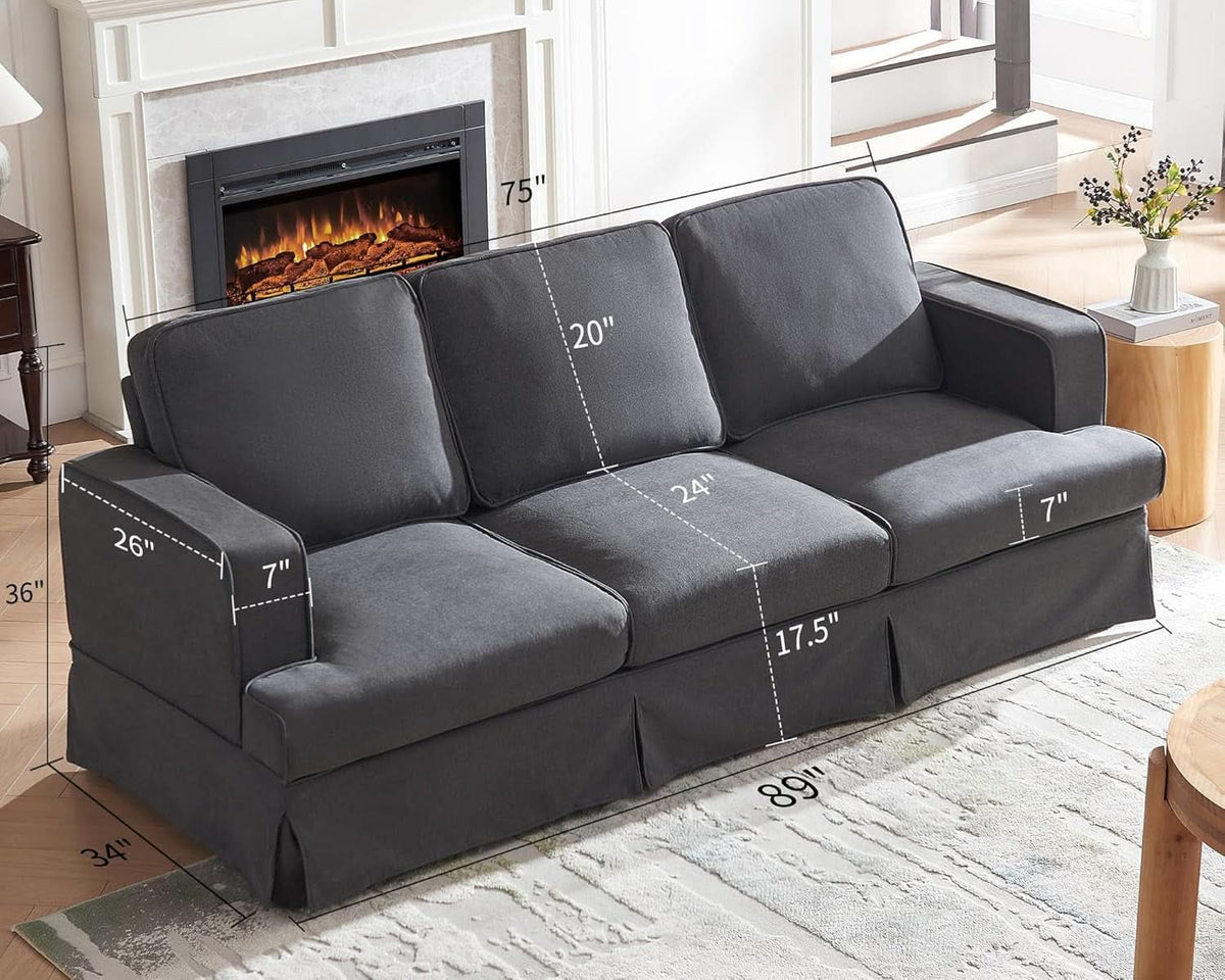 89 Inch Slipcovered Linen Grey Sofa 3 Seater Couch ShipItFurniture