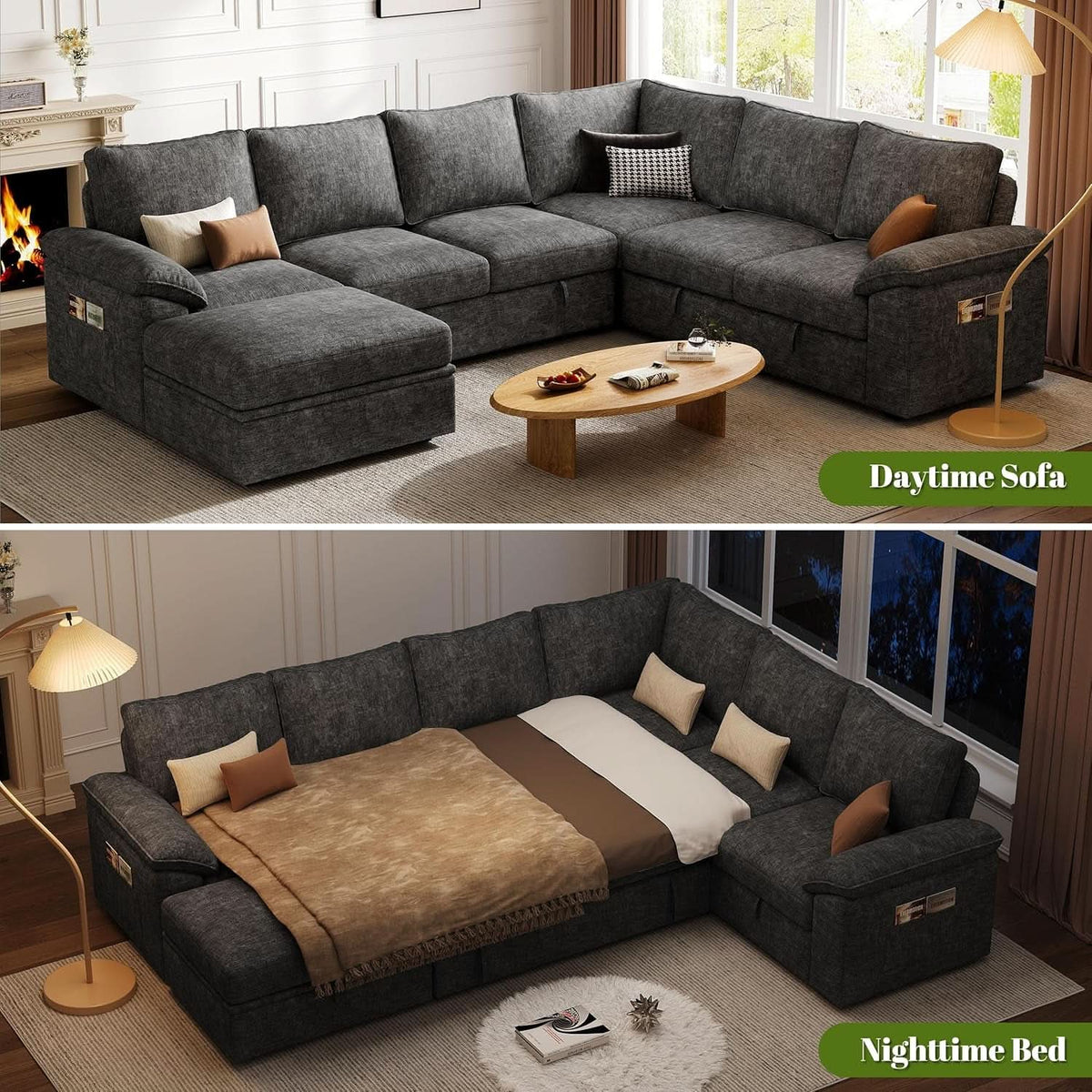 108 Inch Modular Sectional Sleeper Sofa CharcoalGrey ShipItFurniture
