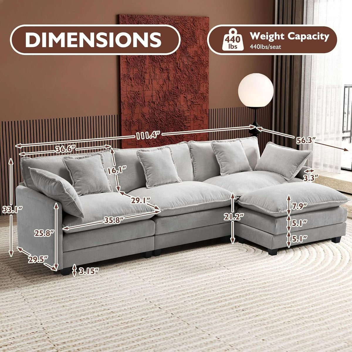 111 Inch L Shaped Modern Glam Sofa Sectional With Ottoman Cloud Foam Cushions Grey Chenille ShipItFurniture