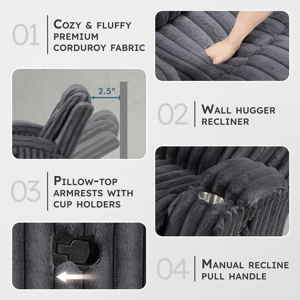 Corduroy Manual Reclining Sofa Dark Gray Three Seater ShipItFurniture