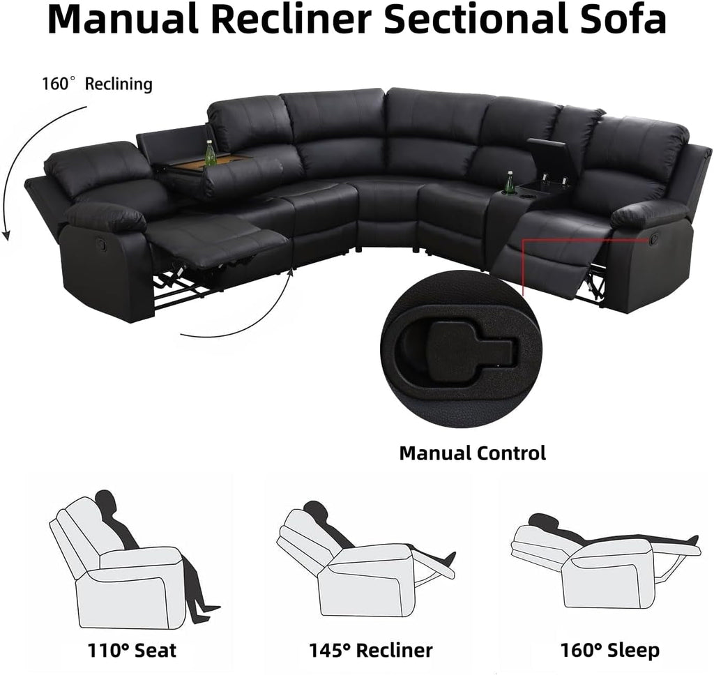 Manual Recliner Sectional Sofa Set Bonded Leather Black ShipItFurniture