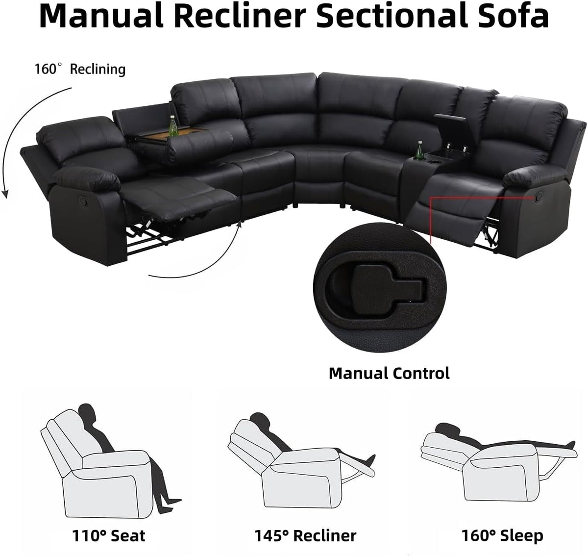 Manual Recliner Sectional Sofa Set Bonded Leather Black ShipItFurniture