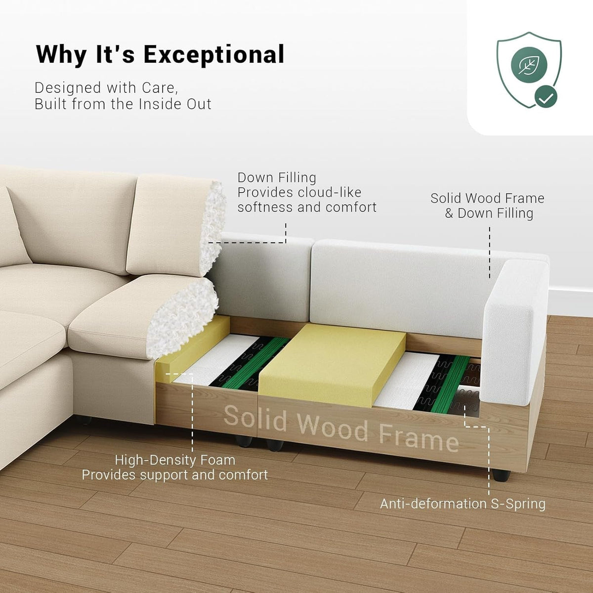Khaki 68Inch Deep Overstuffed Modular Sectional Sofa ShipItFurniture