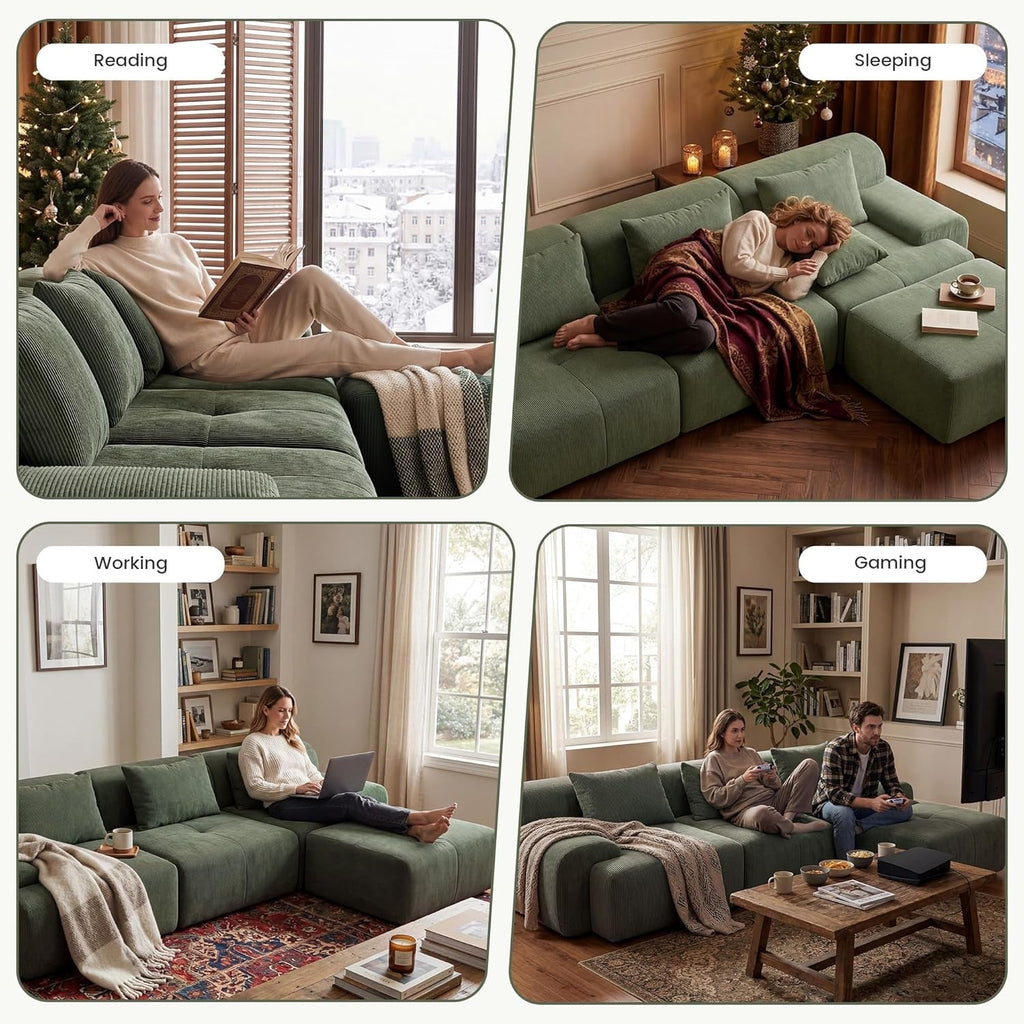 Green Corduroy 108 Inch Luxurious Sectional Sofa Set ShipItFurniture